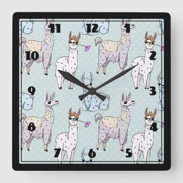 Cute Llama Mönster på Polka dots Fyrkantig Klocka (Framsida)