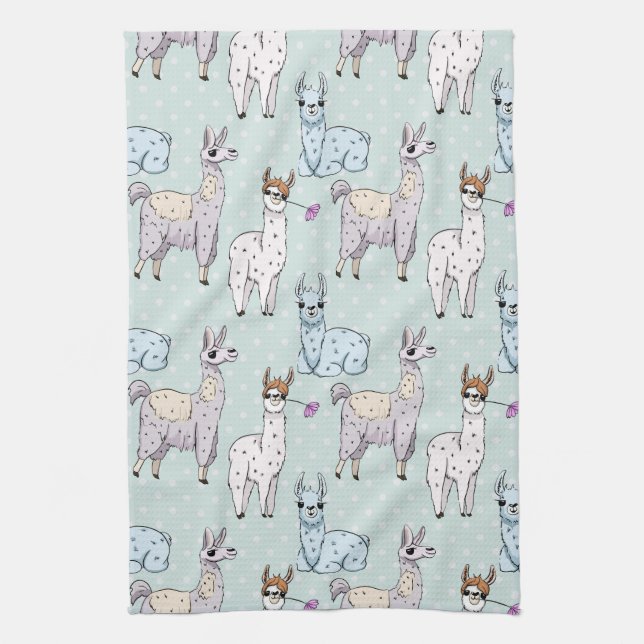 Cute Llama Mönster på Polka dots Kökshandduk (Vertikal)