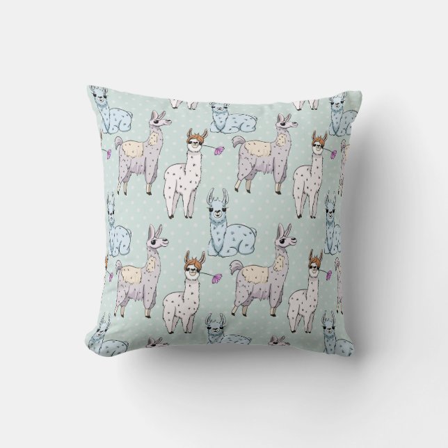 Cute Llama Mönster på Polka dots Kudde (Framsida)