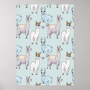 Cute Llama Mönster på Polka dots Poster