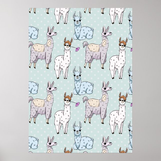 Cute Llama Mönster på Polka dots Poster (Framsidan)