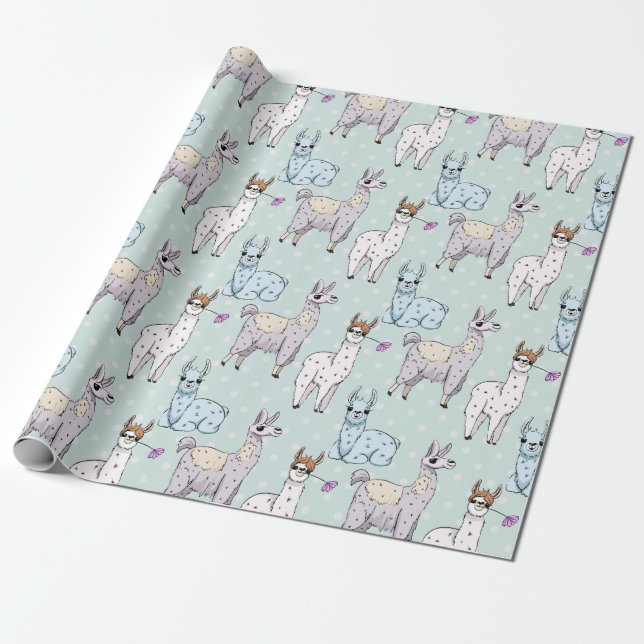Cute Llama Mönster på Polka dots Presentpapper (Utrullad)
