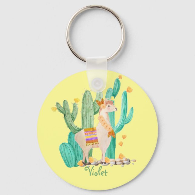 Cute Llama och Cactus with Flowers - Gult Nyckelring (Framsida)