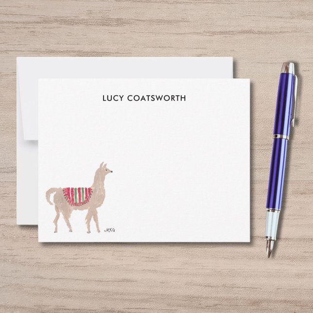 Cute Llama Personlig Boho Animal Artwork Anteckningskort (This whimsical llama note card features a watercolor llama in a red blanket in the lower RH corner.)