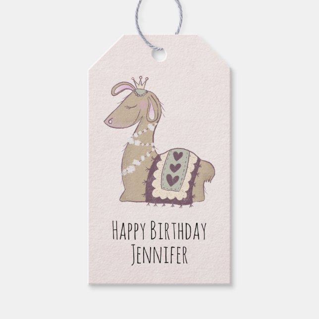 Cute Llama Princess Wearing a Krona Birthday Presentetikett (Framsidan)