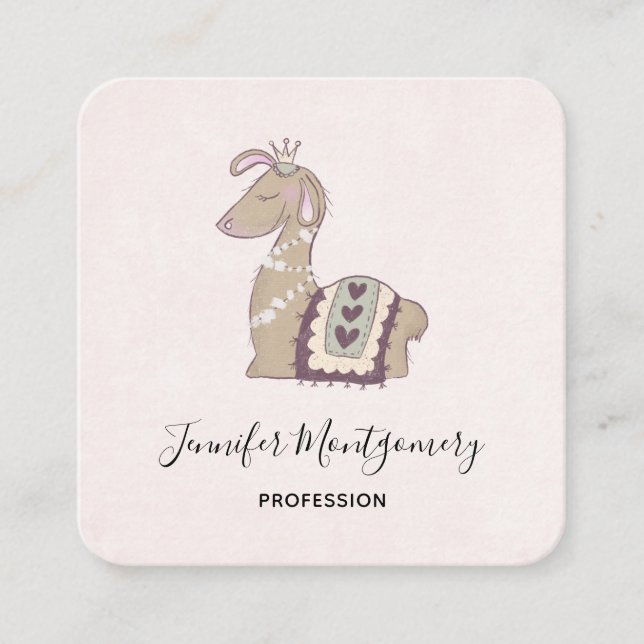 Cute Llama Princess Wearing a Krona Fyrkantigt Visitkort (Framsida)