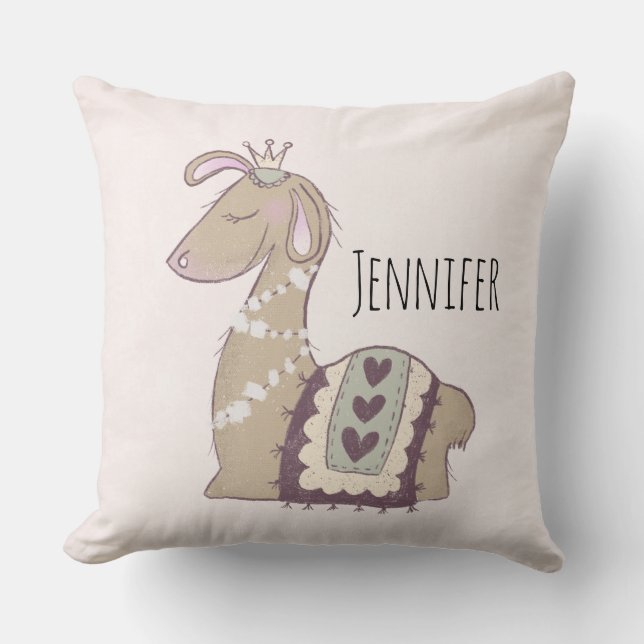 Cute Llama Princess Wearing a Krona Kudde (Framsida)
