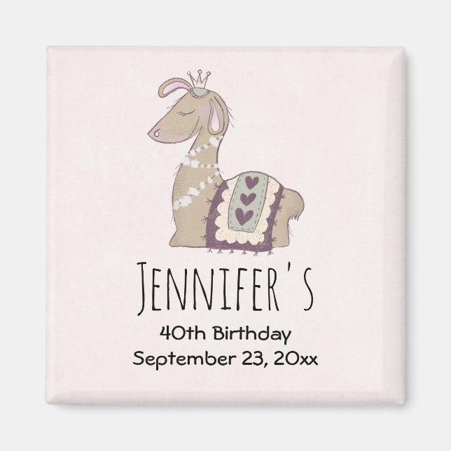 Cute Llama Princess Wearing a Krona Save Date Magnet (Framsidan)