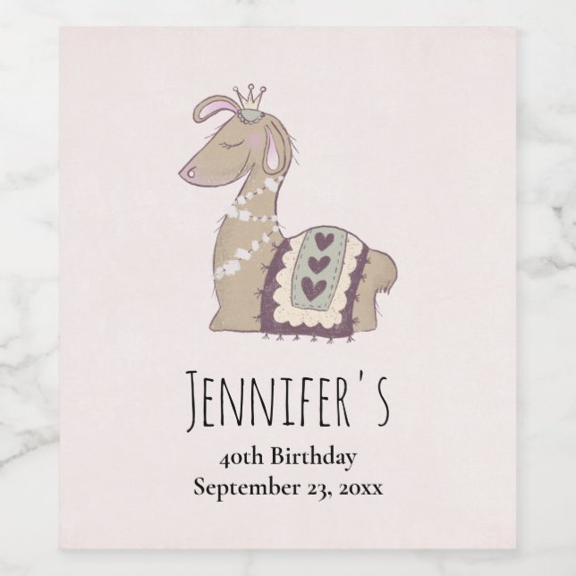 Cute Llama Princess Wearing a Krona Vinflaska Etikett (Singel etikett)