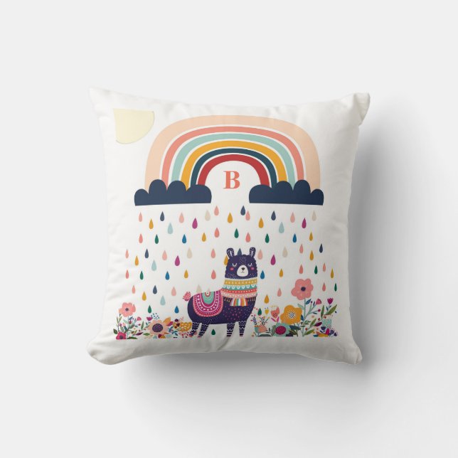 Cute Llama Rainbow Initial Monogram Kudde (Framsida)