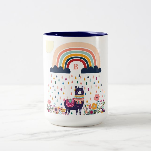 Cute Llama Rainbow Initial Monogram Två-Tonad Mugg (Center)