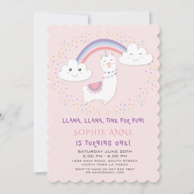 Cute Llama Rainbow Stars  födelsedag Inbjudningar (Framsida)