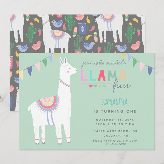 Cute Llama Roligt Barn Birthday Fiesta Banner Inbjudningar (Fram/baksida)