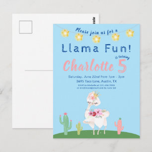 Cute Llama Roligt Blue Födelsedagsfest inbjudan