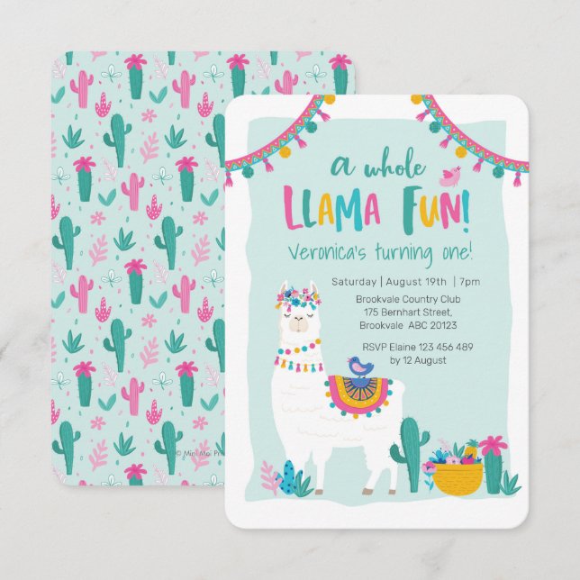 Cute Llama roligt cactus Birthday Call Inbjudningar (Fram/baksida)