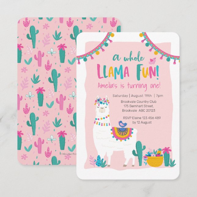 Cute Llama roligt cactus Birthday Call Inbjudningar (Fram/baksida)