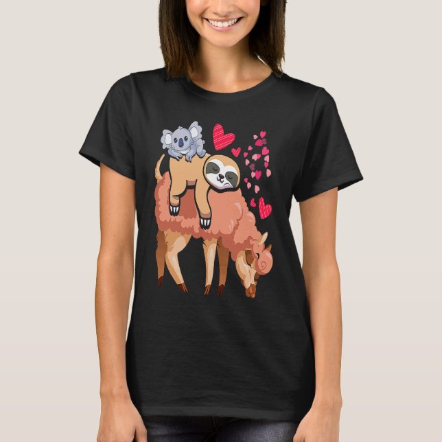 Cute Llama Sloth Koala Valentines Day Mothers Day  T Shirt (Framsida)