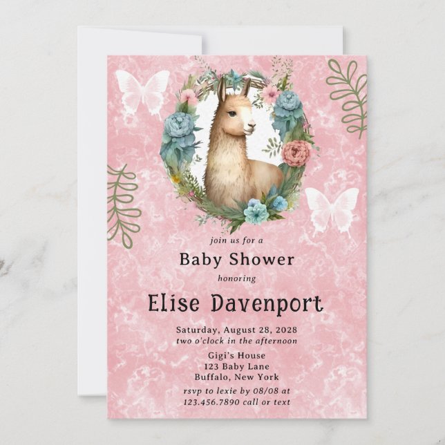 Cute Llama Succula Blommigt Girl Baby Shower Inbjudningar (Framsida)