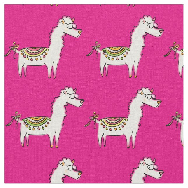 Cute Llama Tecknad Rosa Girls Tyg (Närbild)