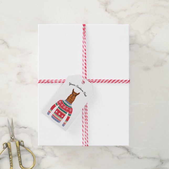 Cute Llama Wearing Funny Ugly jul Sweater, Presentetikett (Med Snöre)