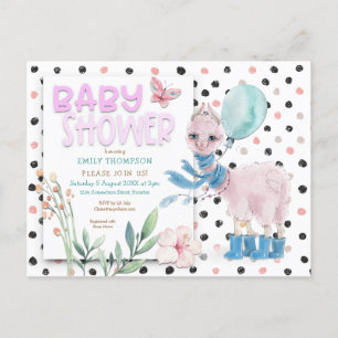 Cute Llama Wellies Dots Rosa Baby Shower Inbjudan Vykort