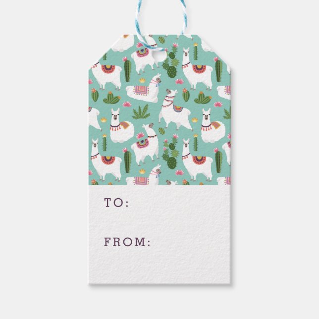 Cute Llamas på Teal Mönster Presentetikett (Framsidan)