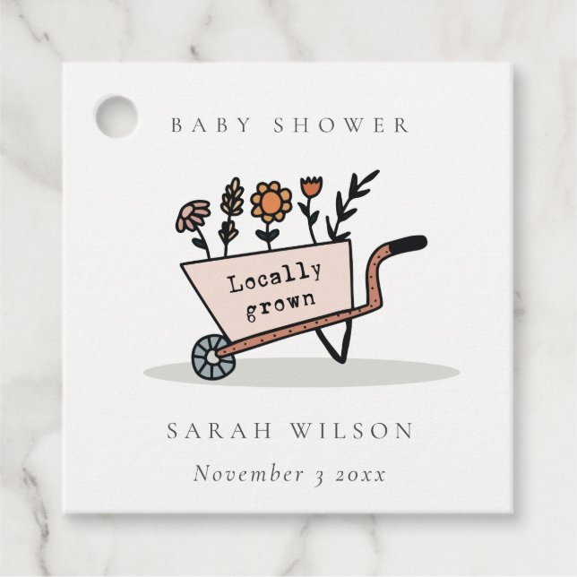 Cute Locally Grown  Blommigt Cart Baby Shower Gåvor Etiketter (Framsida)