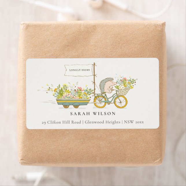 Cute Locally Grown Hedgehog Blommigt Bike Adress Fraktsedel (Insitu)