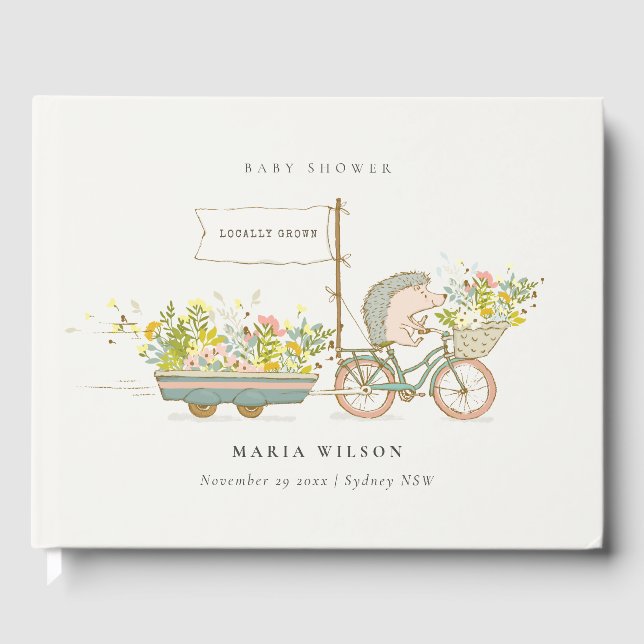 Cute Locally Grown Hedgehog Flora Bike Baby Shower Gästböcker (Framsida)