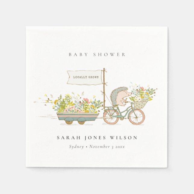 Cute Locally Grown Hedgehog Flora Bike Baby Shower Pappersservett (Framsidan)