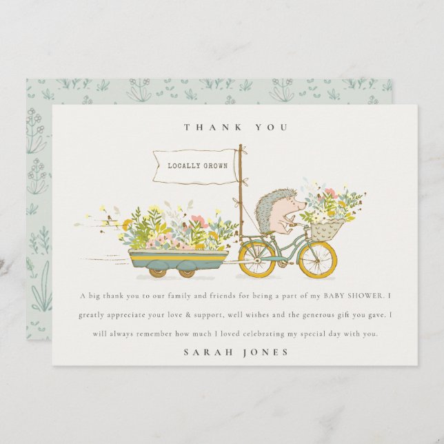 Cute Locally Grown Hedgehog Flora Bike Baby Shower Tack Kort (Fram/baksida)