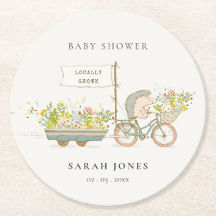 Cute Locally Grown Hedgehog Flora Bike Baby Shower Underlägg Papper Rund