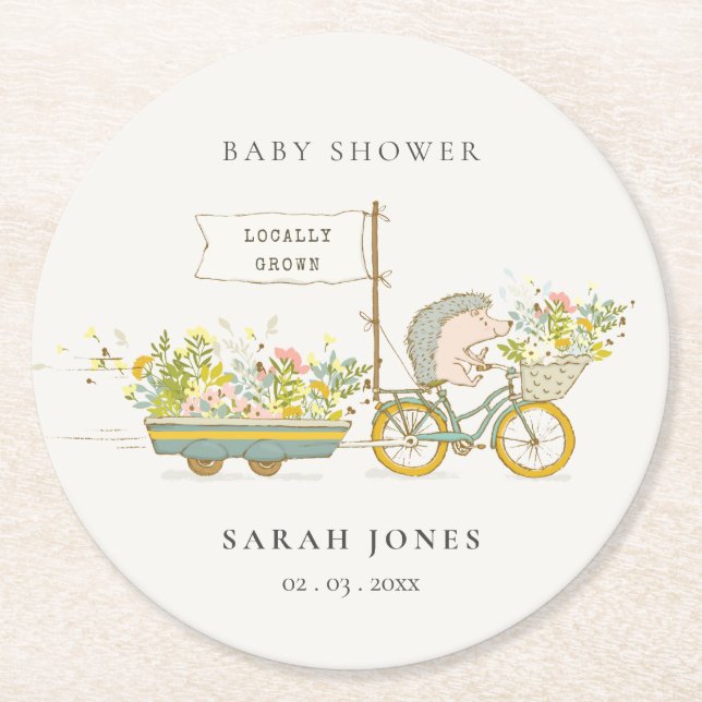 Cute Locally Grown Hedgehog Flora Bike Baby Shower Underlägg Papper Rund (Framsidan)