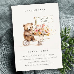 Cute Locally Grown Teddy Blommigt Cart Baby Shower Inbjudningar