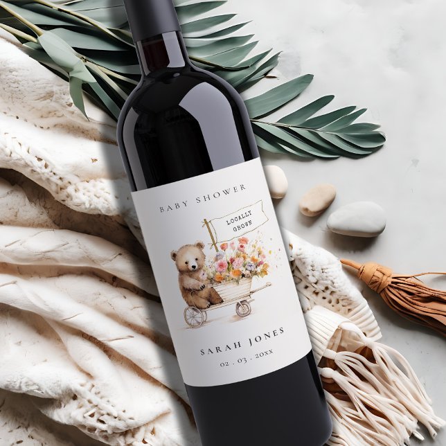 Cute Locally Grown Teddy Blommigt Cart Baby Shower Vinflaska Etikett (Skapare uppladdad)