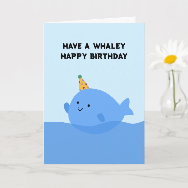 Cute Loely Blue Whale Birthday Hat Pun Birthday Kort (Liten växt)