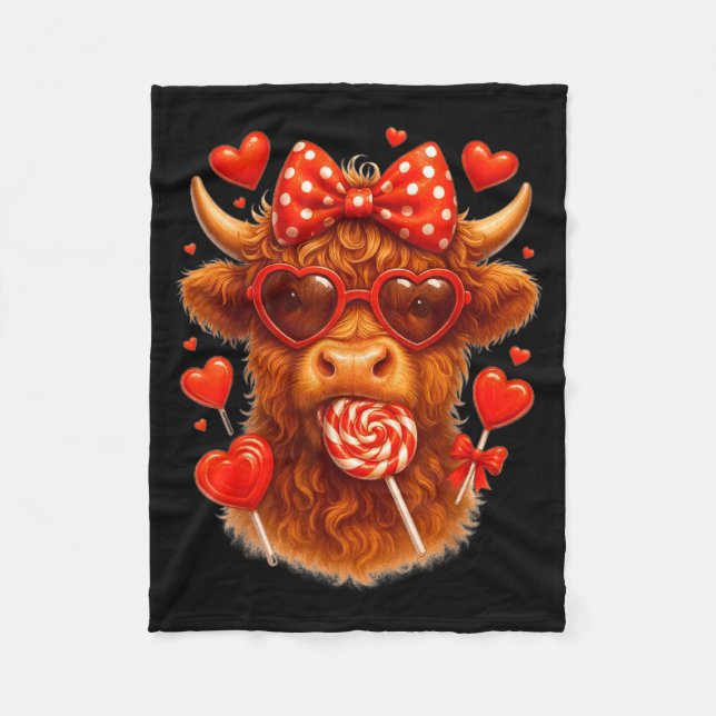 Cute Lollip Highland Cow Valentine's Day Red Heart Fleecefilt (Framsidan)