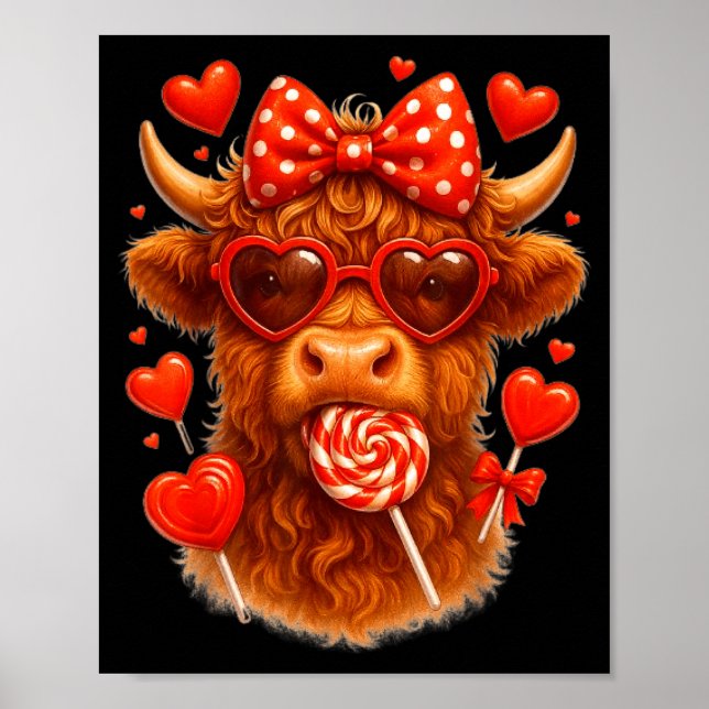 Cute Lollip Highland Cow Valentine's Day Red Heart Poster (Framsidan)