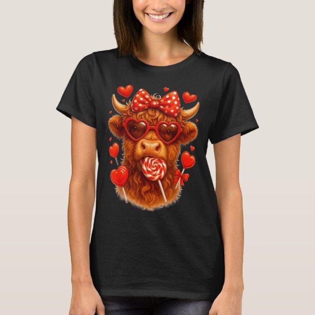 Cute Lollip Highland Cow Valentine's Day Red Heart T Shirt (Framsida)