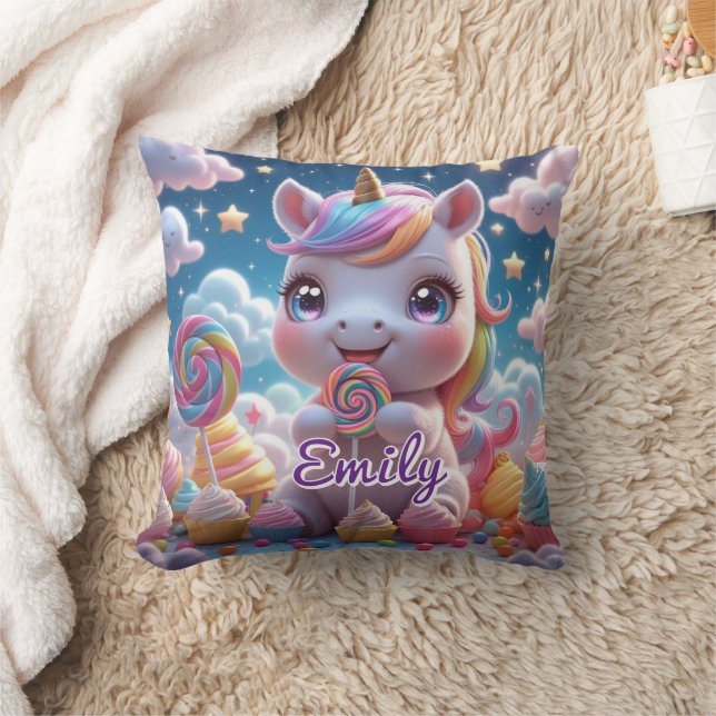 Cute Lollipop Unicorn Pillow - redigerbart Namn Kudde (Filt)