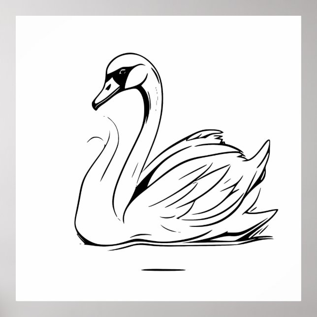 Cute Lonely White Svan Line Art Teckning Poster (Framsidan)