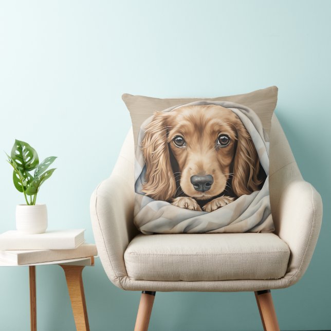 CUTE LONG HAIRED DACHSHUND PUPPY UNDER BLANKET KUDDE (Stol)