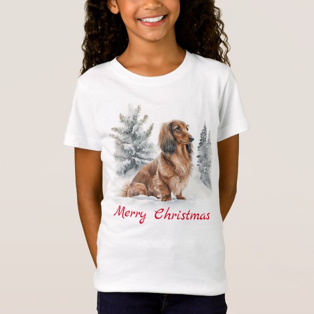 Cute Long-håved Dachshund Sause - jul, Hund T Shirt (Framsida)