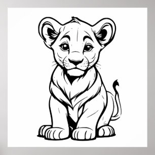 Cute Lonwhite Lejon Unge Line Art Teckning Poster