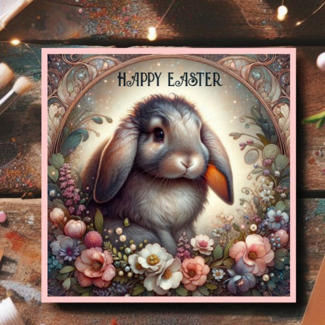 Cute Lop Earned Bunny Flowers Glad påsk Julkort (Skapare uppladdad)