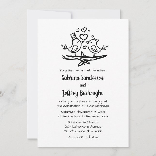 Cute Love Bird Black White Lovebird Bröllop Inbjudningar (Framsida)