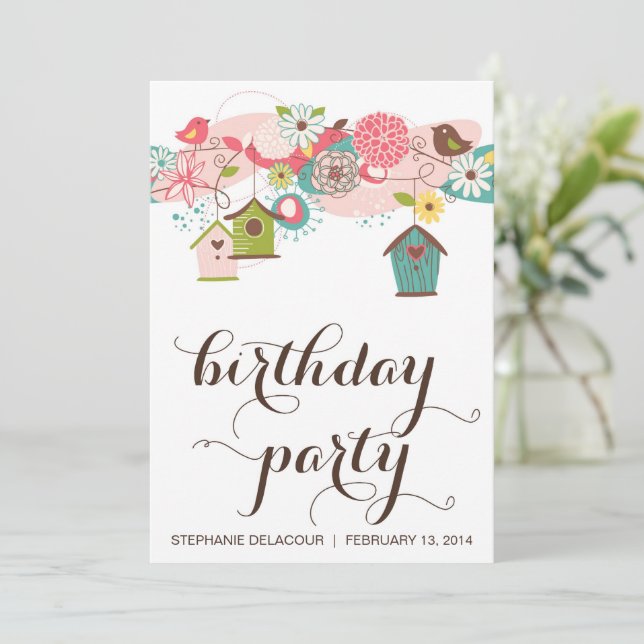 Cute Love birds & Bird Houses Birthday Investigati Inbjudningar (Stående Fram)