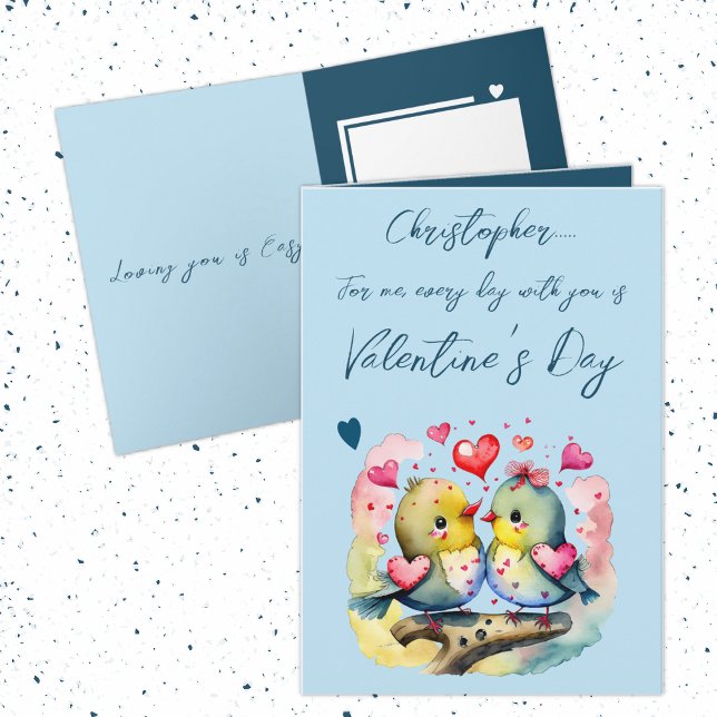Cute love birds namn Blue Valentine Day Kort (Skapare uppladdad)