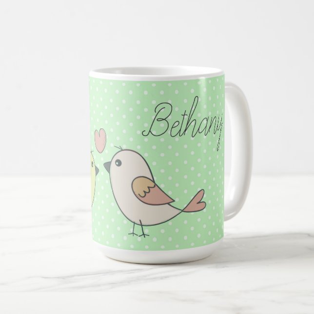 Cute Love birds på Mint Grönt Polka Dot Kaffemugg (Framsida höger)