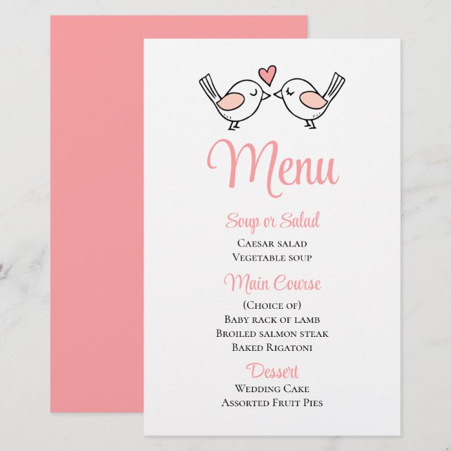 Cute Love birds Rosa Lovebird Bröllop Menu (Fram/baksida)